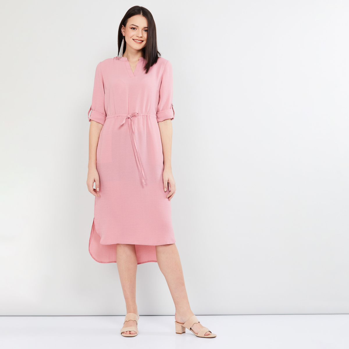 MAX Solid Roll-Up Sleeves High-Low Dress
