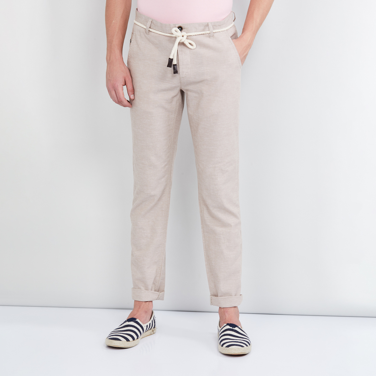 MAX Solid Regular Fit Casual Trousers with Belt
