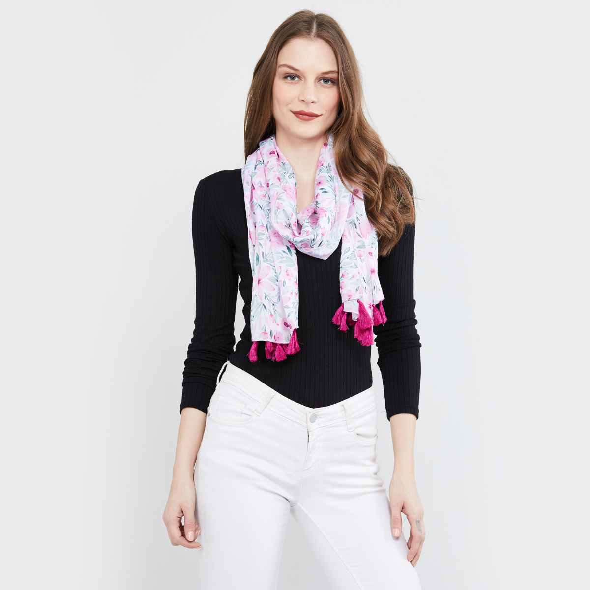 MAX Floral Printed Scarf with Tassels