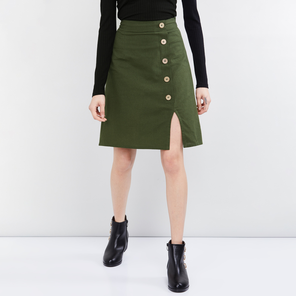 MAX Solid Button Down A-line Skirt