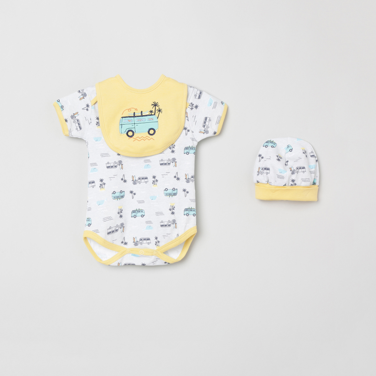 MAX Printed Romper with Bib and Beanie- Set of 3