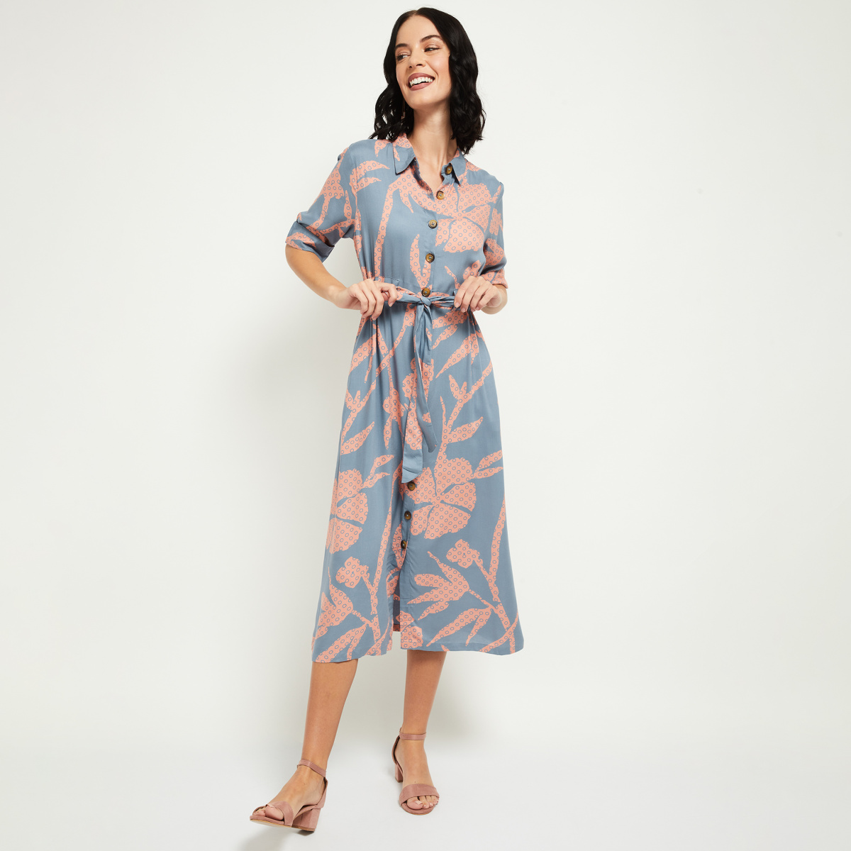 MAX Floral Print Shirt Dress with Sash Tie-Up