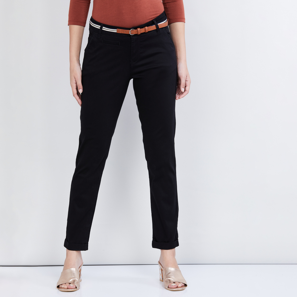 MAX Solid Casual Trousers with Belt