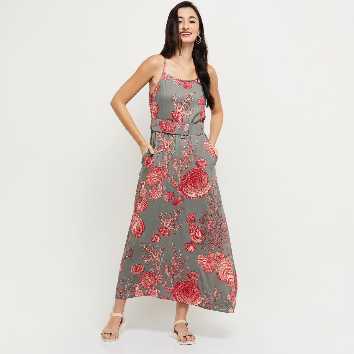 MAX Printed Maxi Dress with Belt Accent