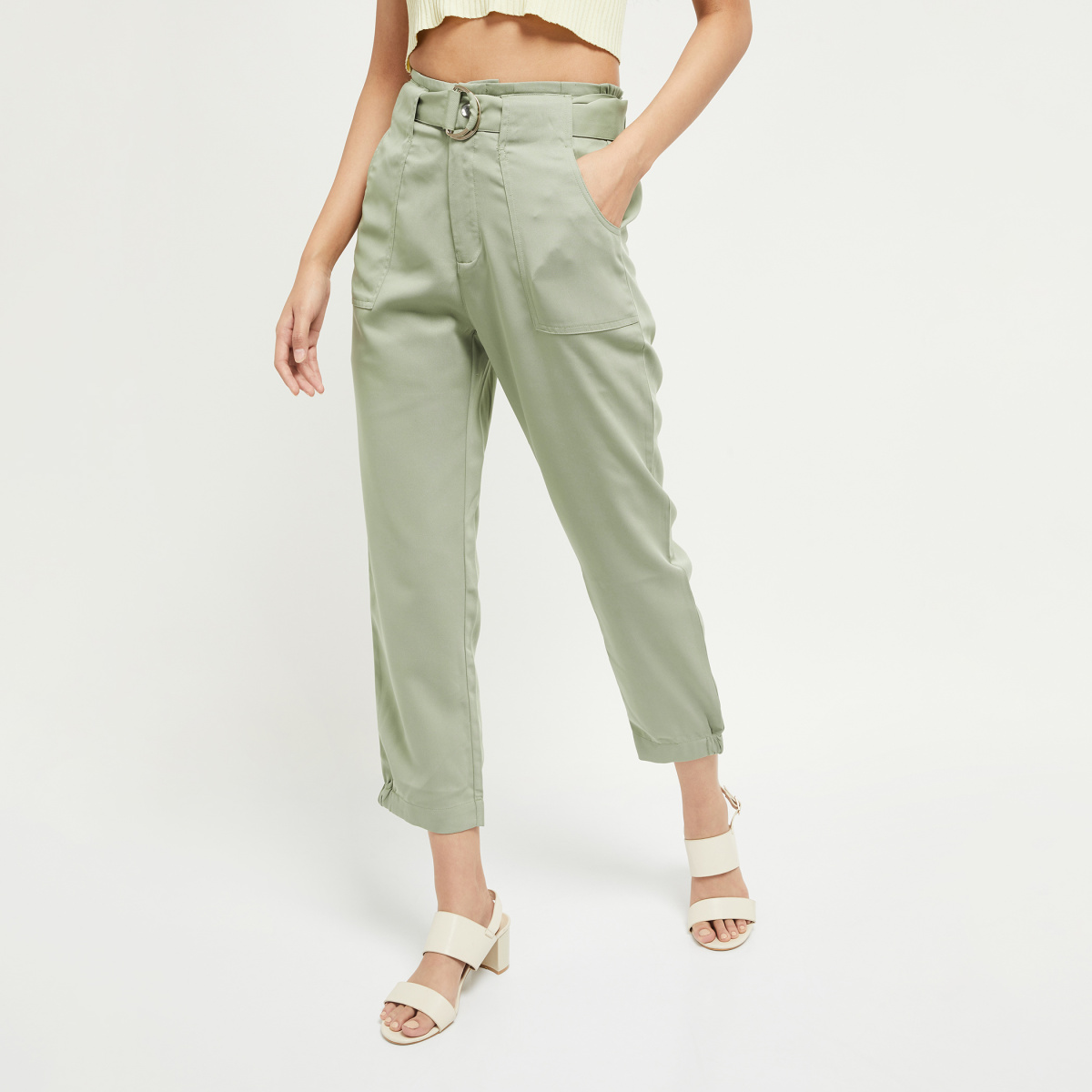 MAX Solid Cropped Trousers with Fabric Belt