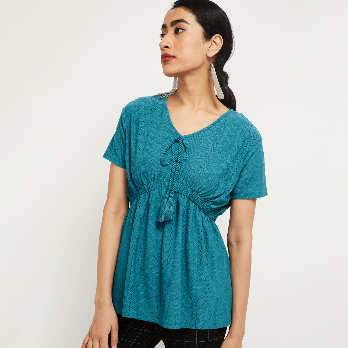 MAX Schiffli Embroidery Empire-Line Top with Tie-Up