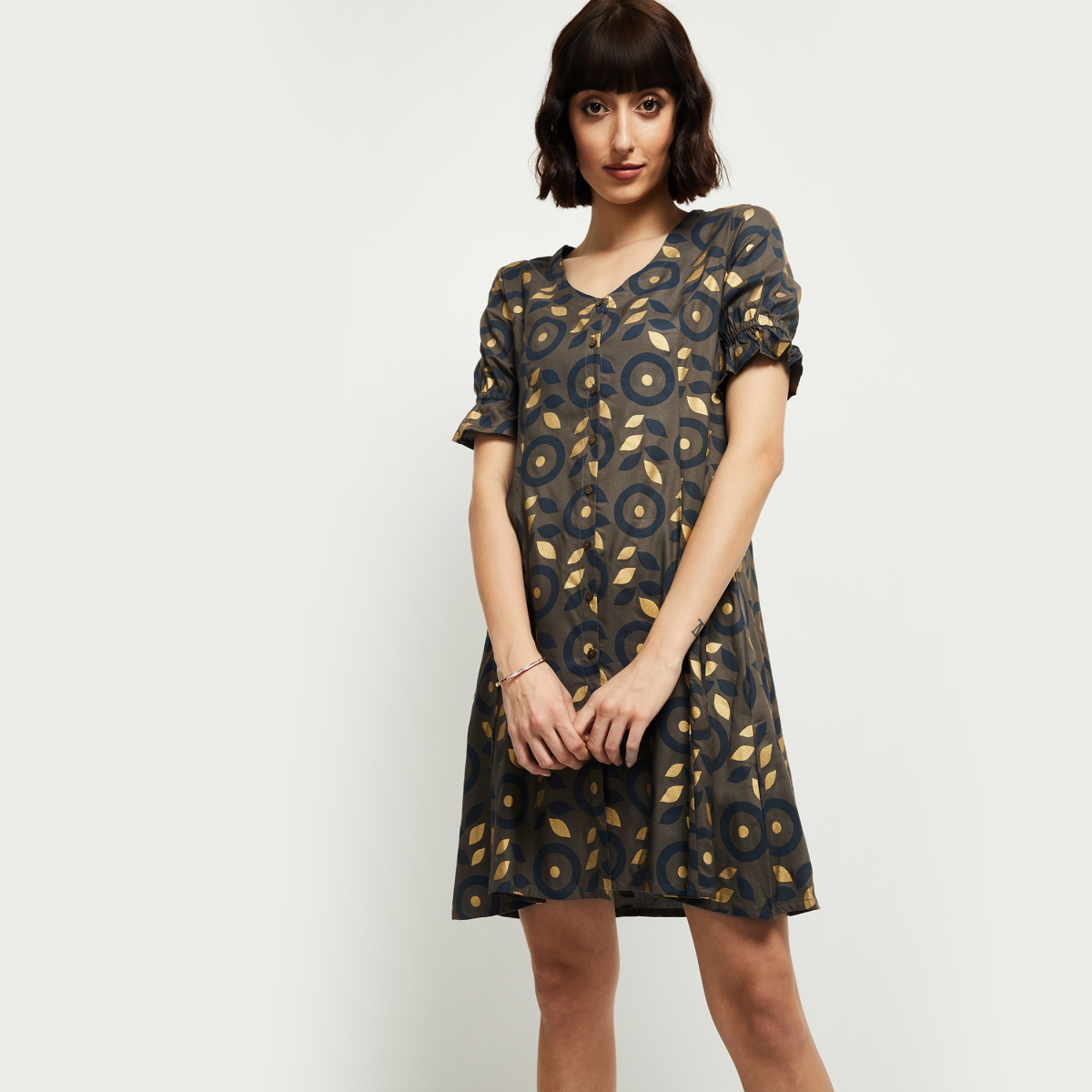 MAX Printed A-line Dress with Bell Sleeves