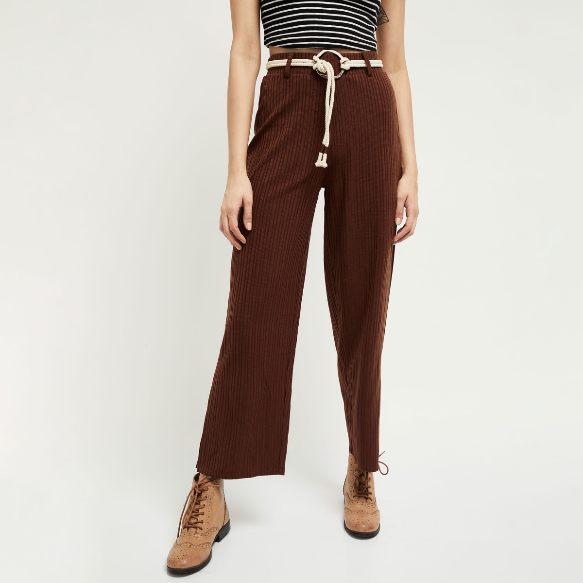 MAX Ribbed Flared Trousers with Tie-Up