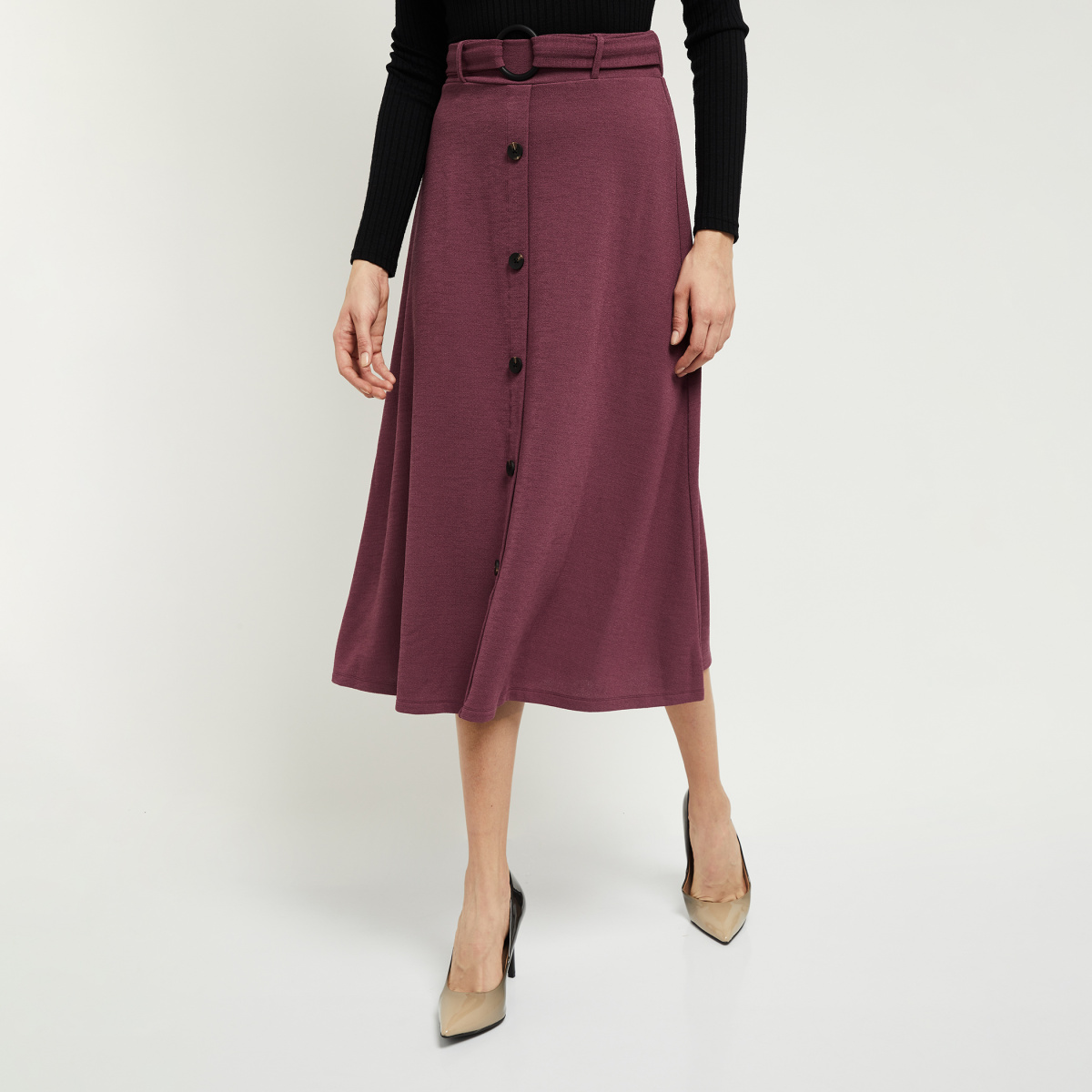 MAX Solid A-line Skirt with Button Placket