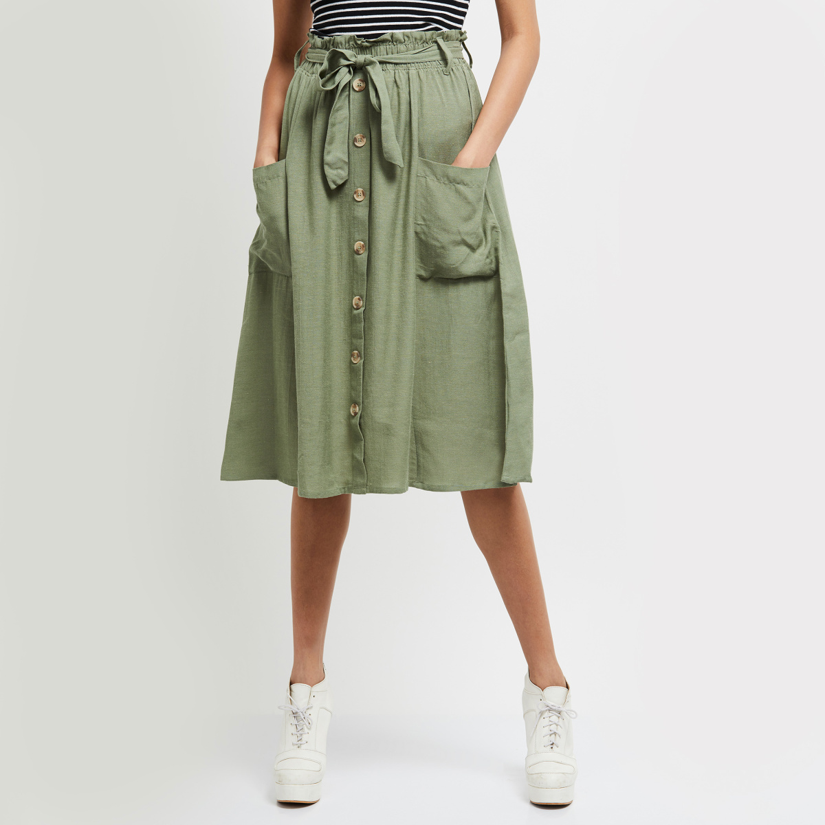 MAX Solid A-line Skirt with Button Placket