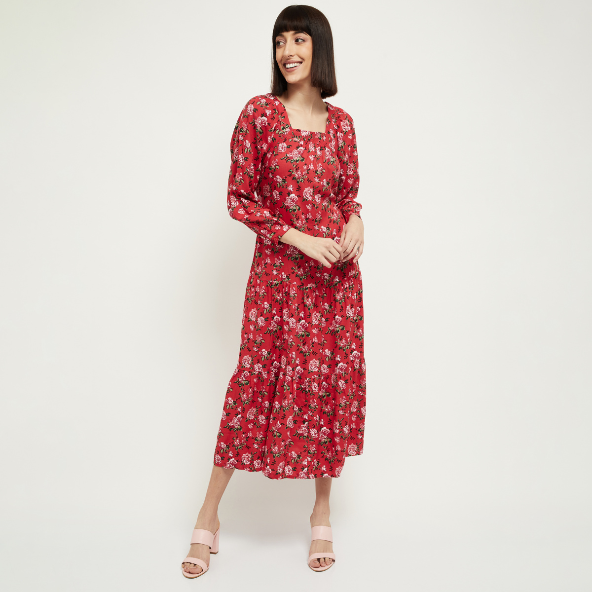 MAX Floral Print Three-quarter Sleeves Midi Dress