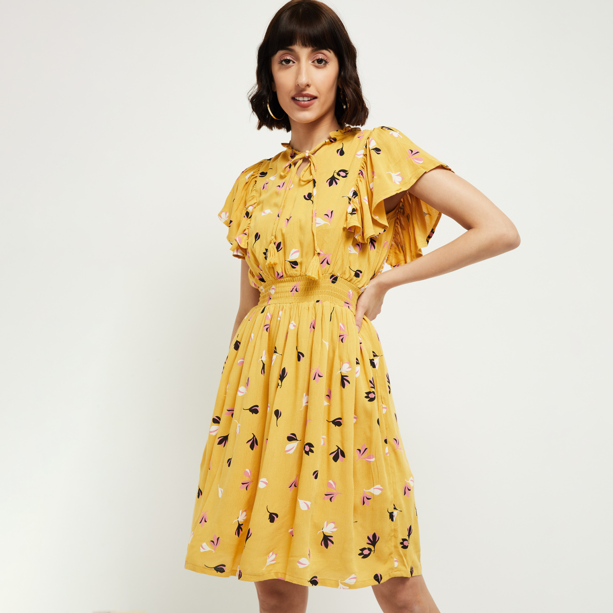 MAX Floral Print Fit and Flare Dress with Flutter Sleeves