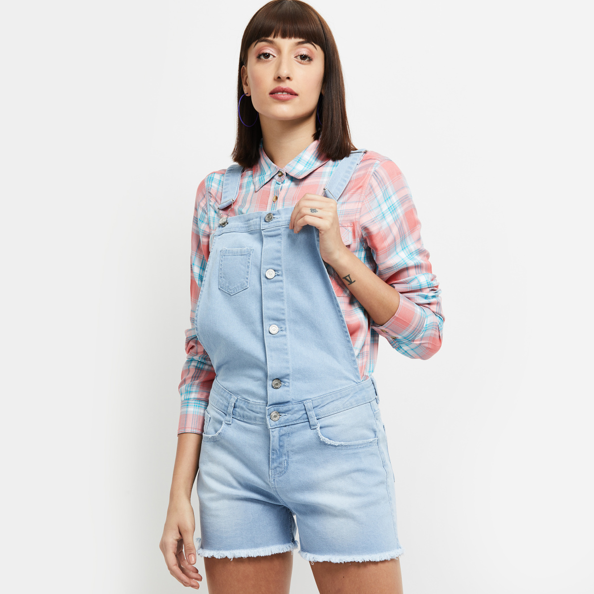 MAX Solid Denim Dungarees with Frayed Hems