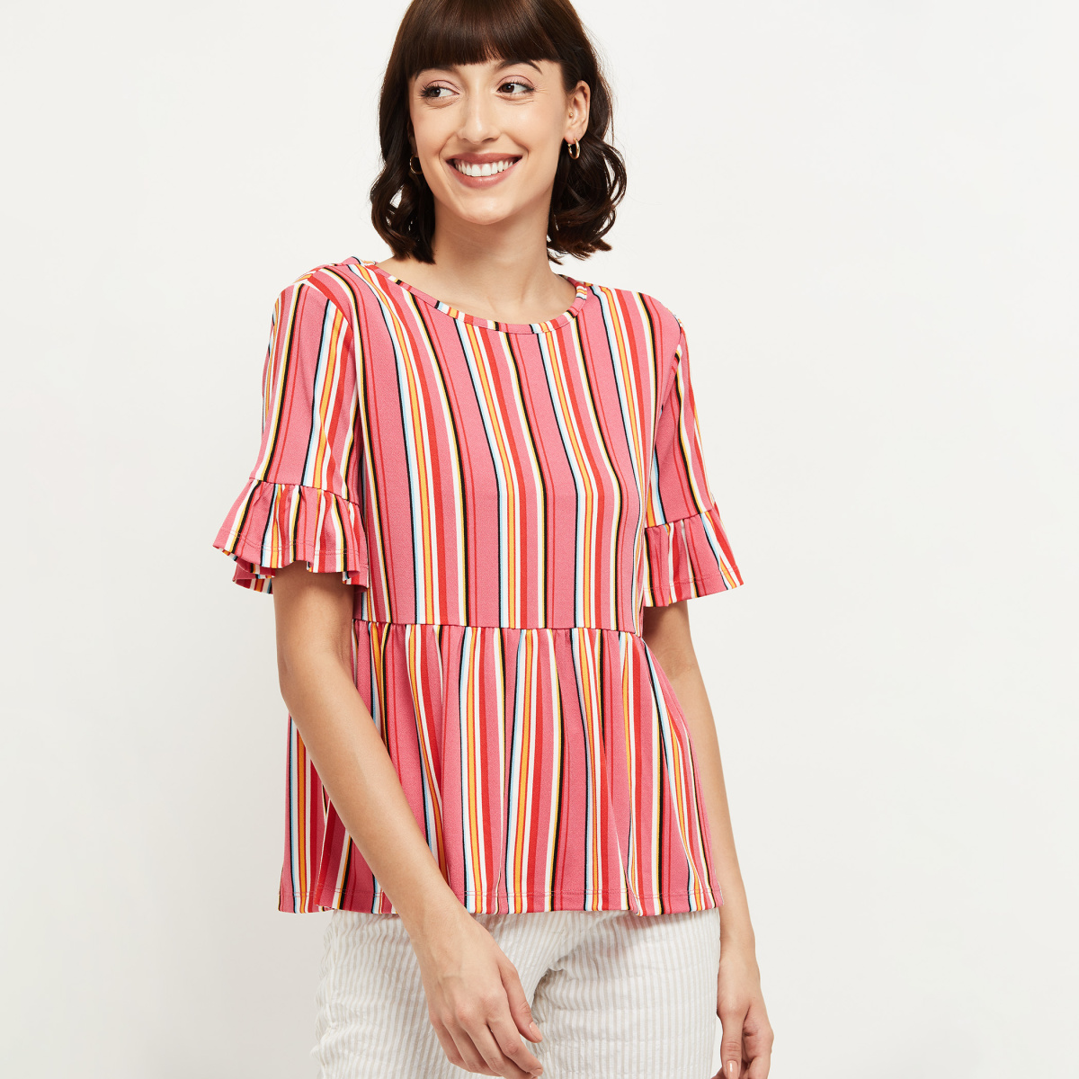 MAX Striped Top with Ruffled Sleeves