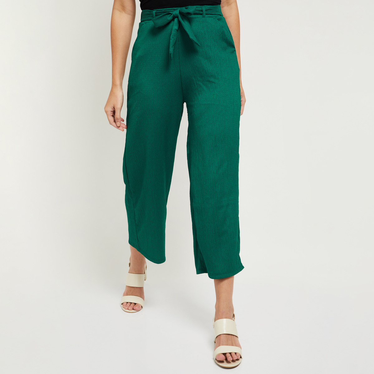 Girls Self Textured Green Linen Cropped Trousers