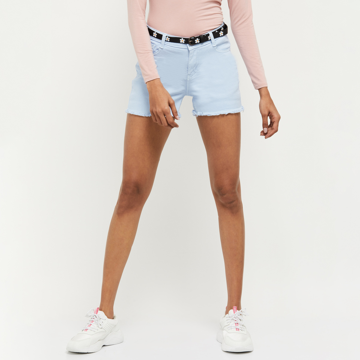 MAX Solid Denim Shorts with Belt