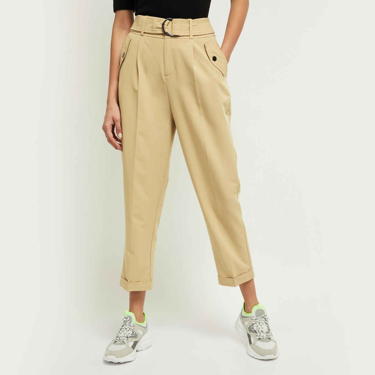 MAX Solid Cropped Peg Pants with Fabric Belt