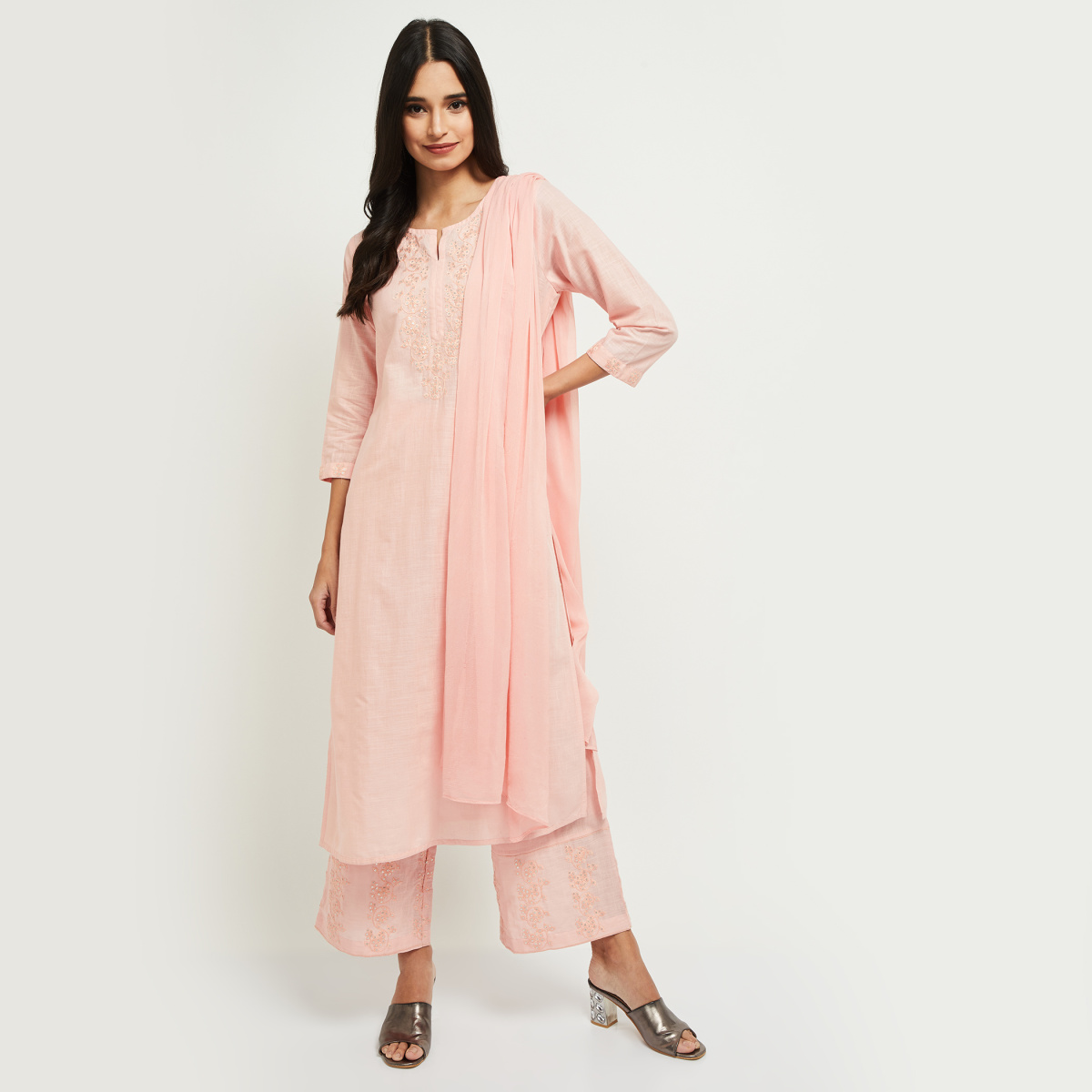 MAX Embroidered Straight Kurta with Solid Palazzos and Dupatta