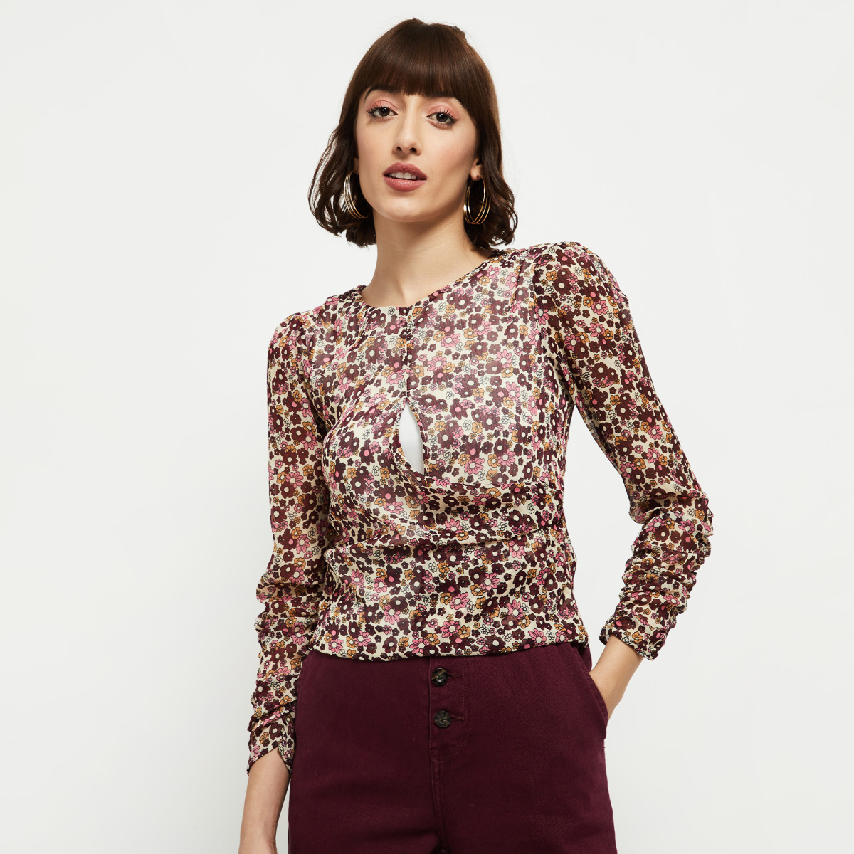 MAX Printed Rouched Sleeves Top