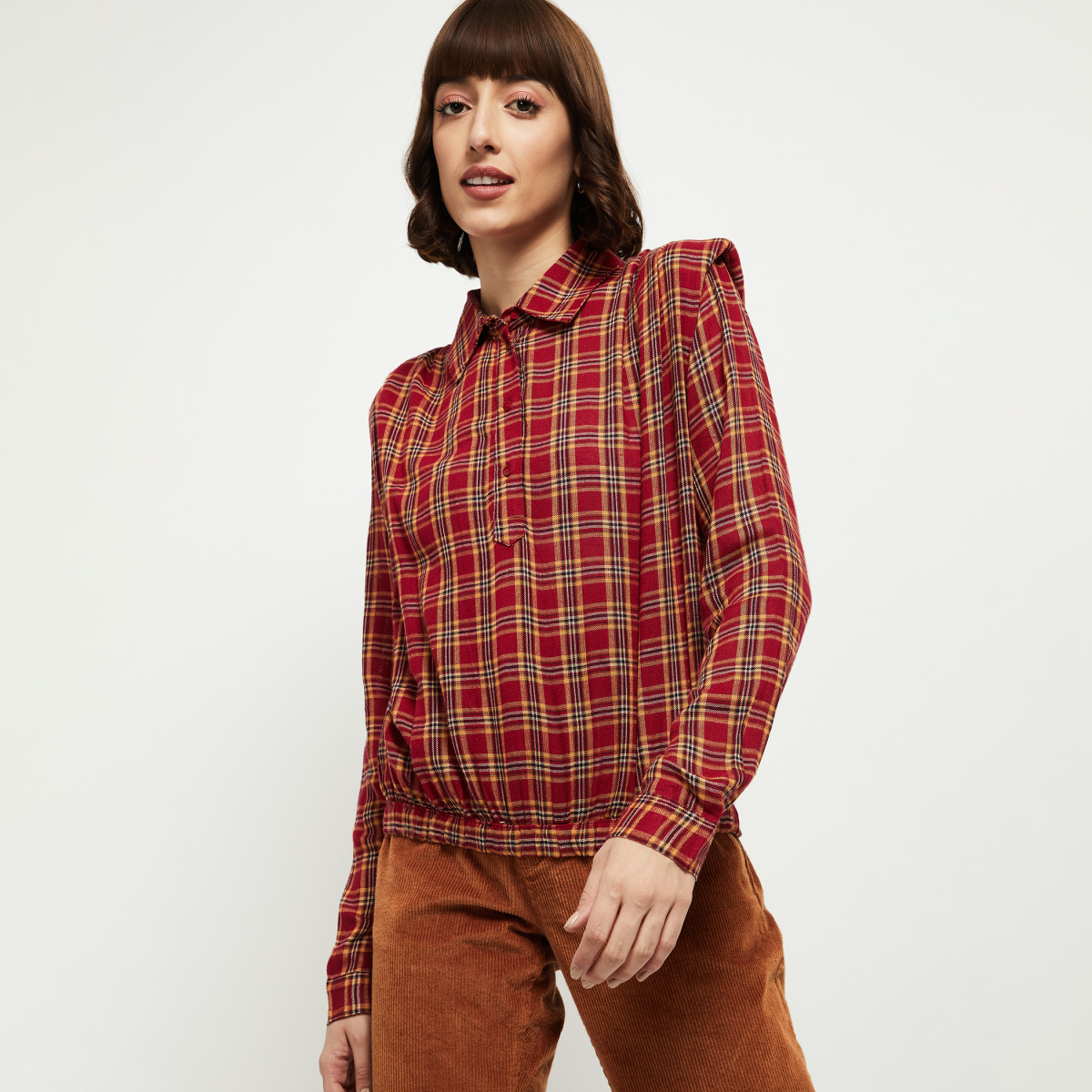 MAX Checked Padded Shoulder Cropped Shirt