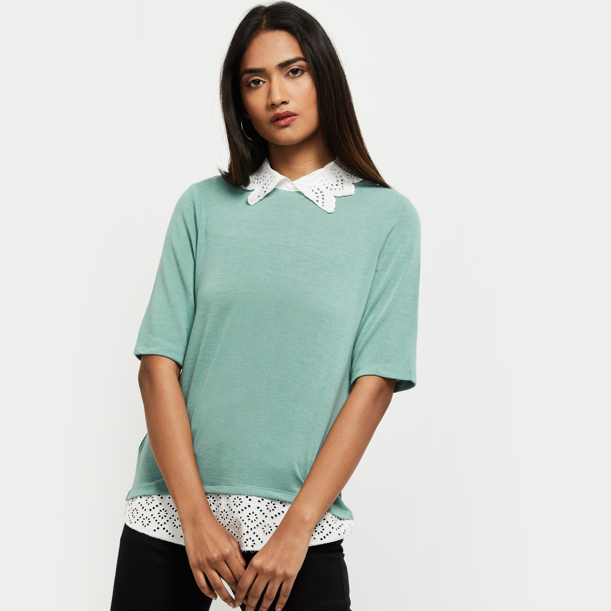MAX Solid Knit Collared Top