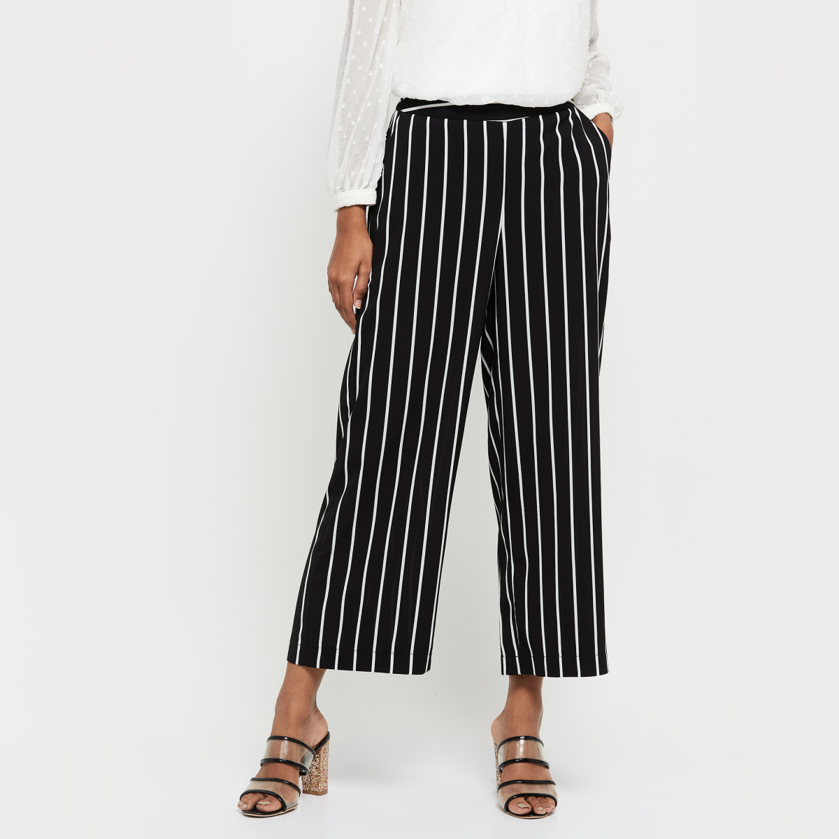 Buy AND Black  White Striped Trousers for Women Online  Tata CLiQ