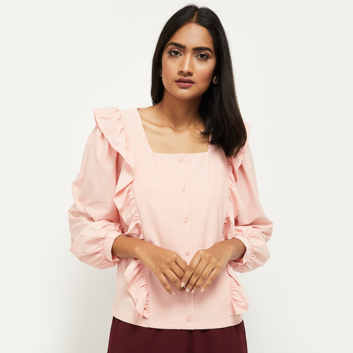 MAX Solid Ruffled Square Neck Top