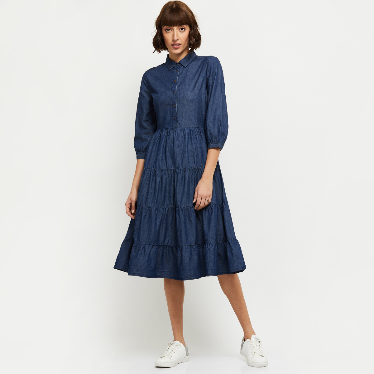 MAX Solid Puffed Sleeves Tiered Denim Dress
