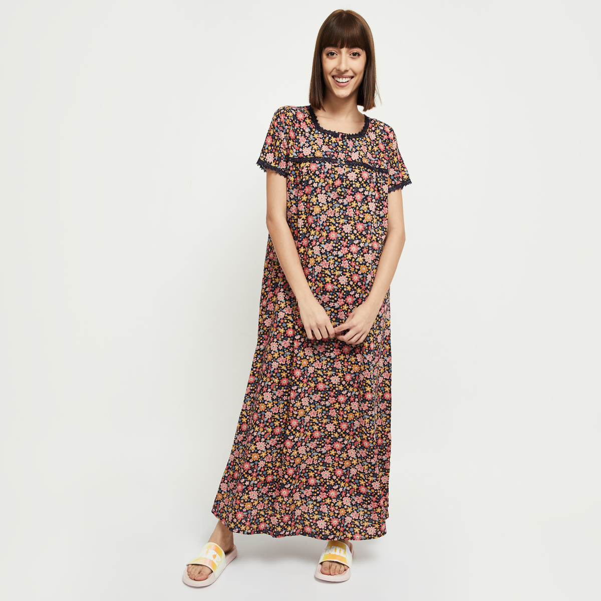 MAX Floral Print Short Sleeves Night Gown