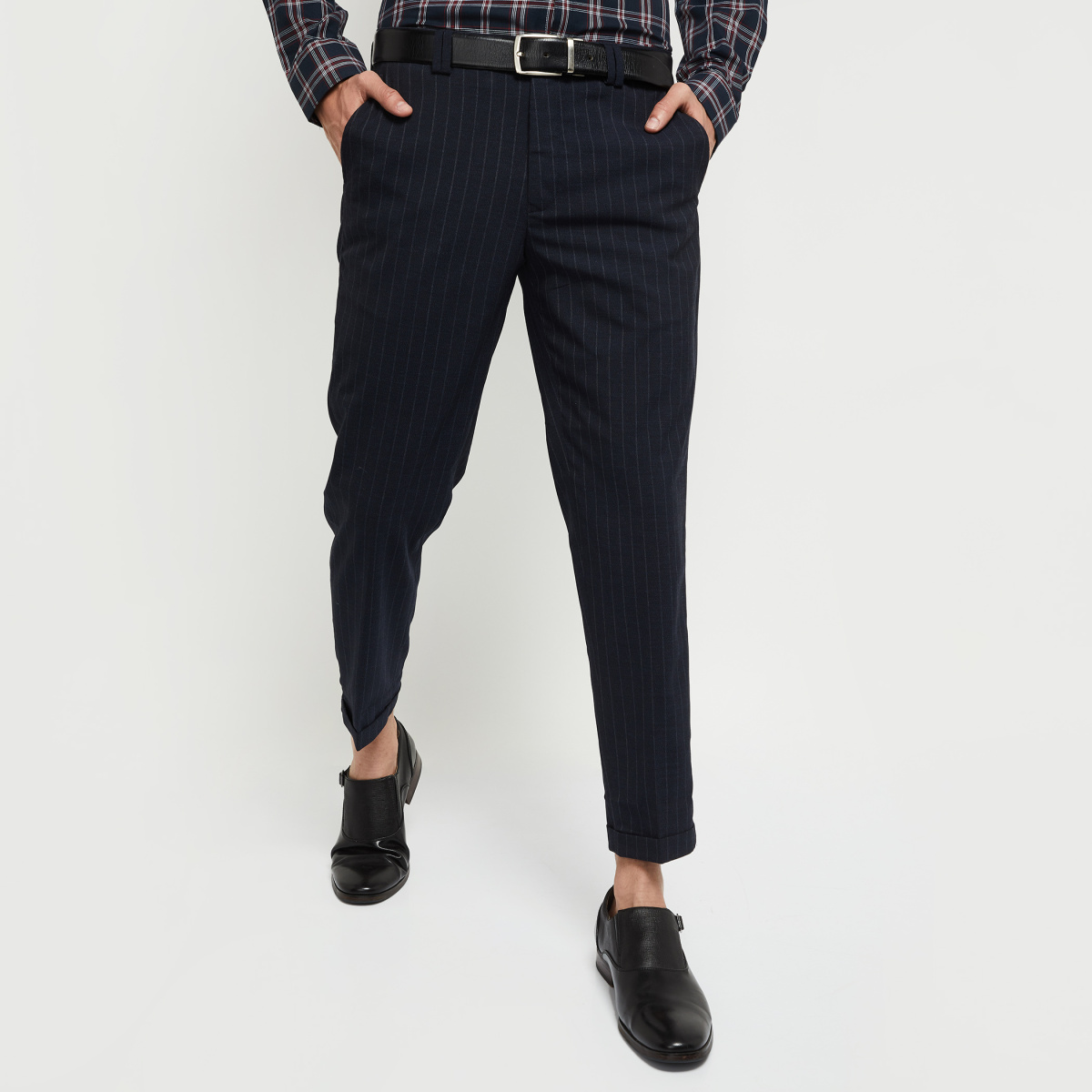 Buy WES Formals by Westside WES Formals by Westside Navy Checkered Carrot-Fit  Trousers at Redfynd