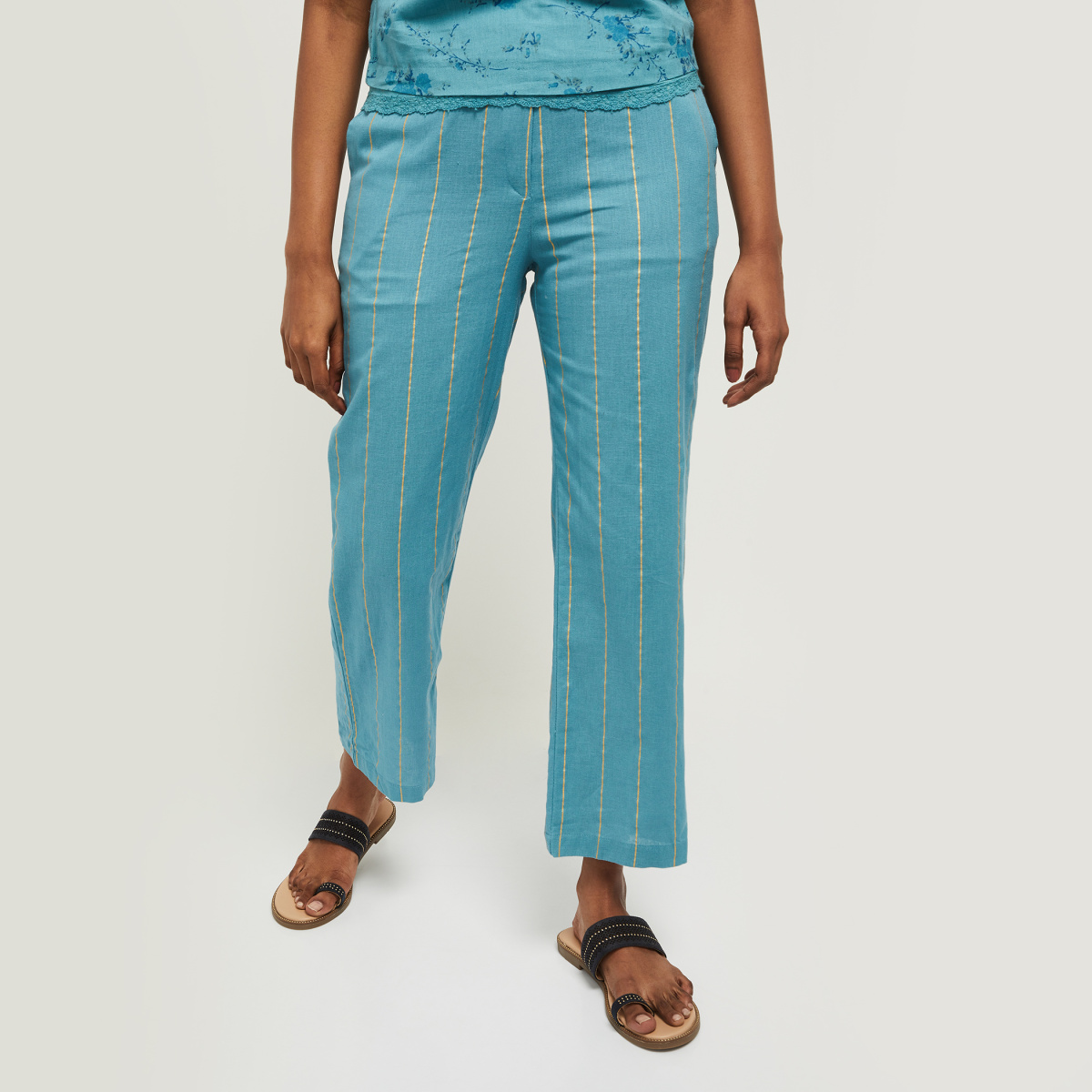 Buy Grey And Pink Printed Stripe Cotton Straight Pants With A Narrow  Printed Border At The Hem by Designer KORA for Women online at  Ogaanmarketcom