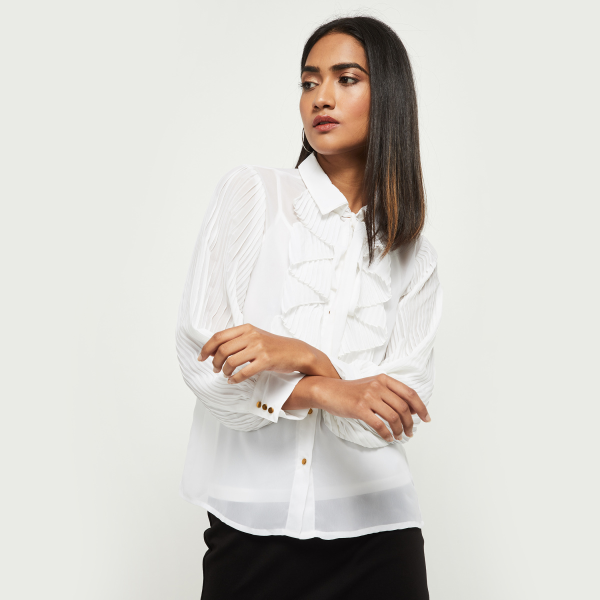 MAX Solid Pleated Full Sleeves Top