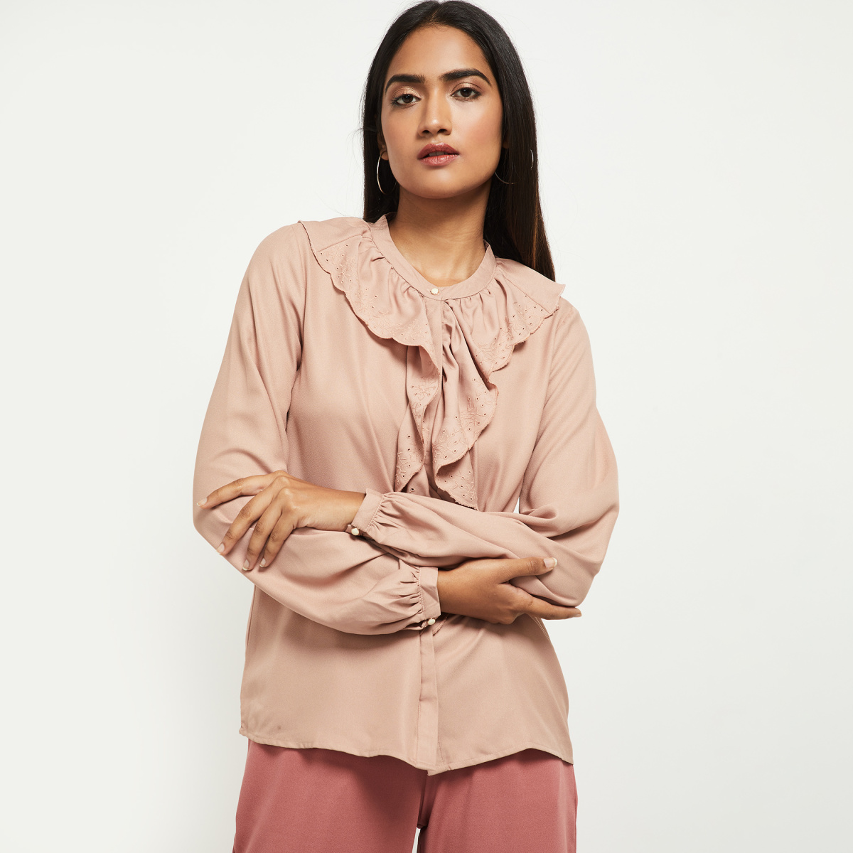 MAX Solid Ruffled Detail Top
