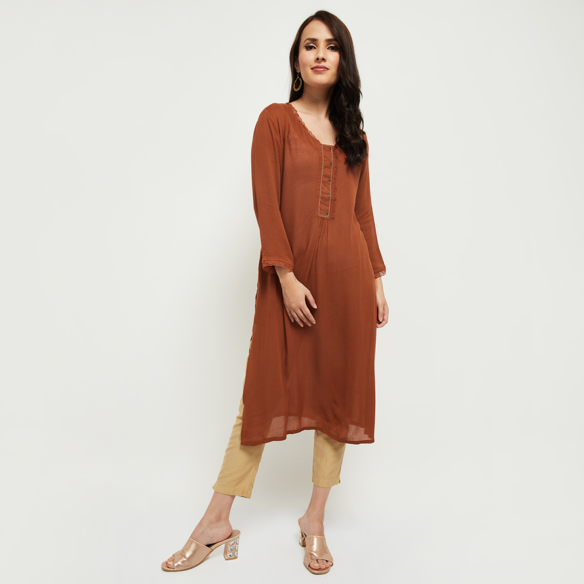 MAX Solid Round Neck Kurta with Lace Detail