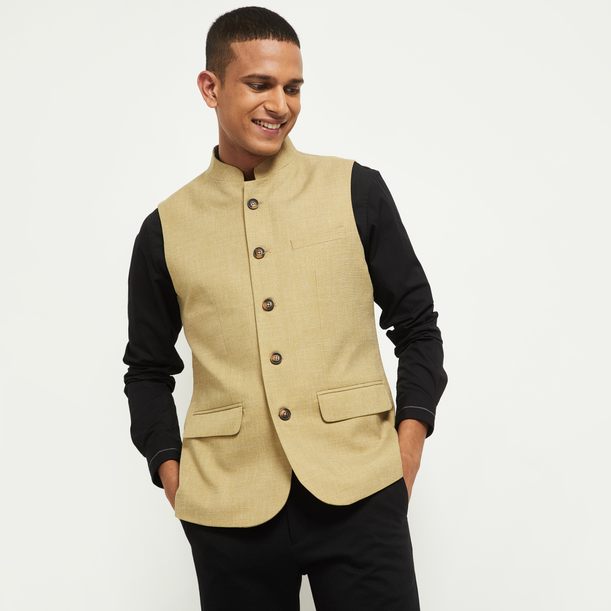 MAX Solid Textured Nehru Jacket