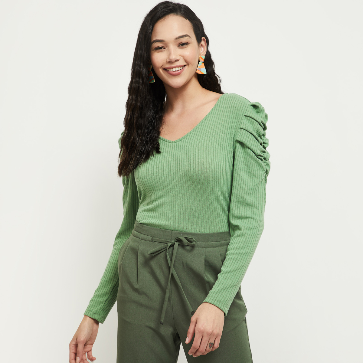 MAX Textured Knitted Ruched Sleeves Top