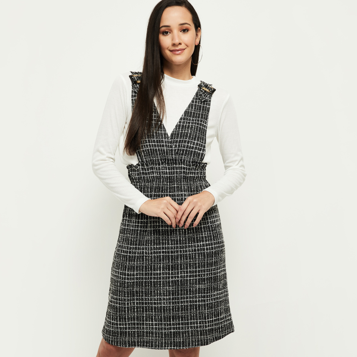 MAX Checked Pinafore Dress With Textured Top