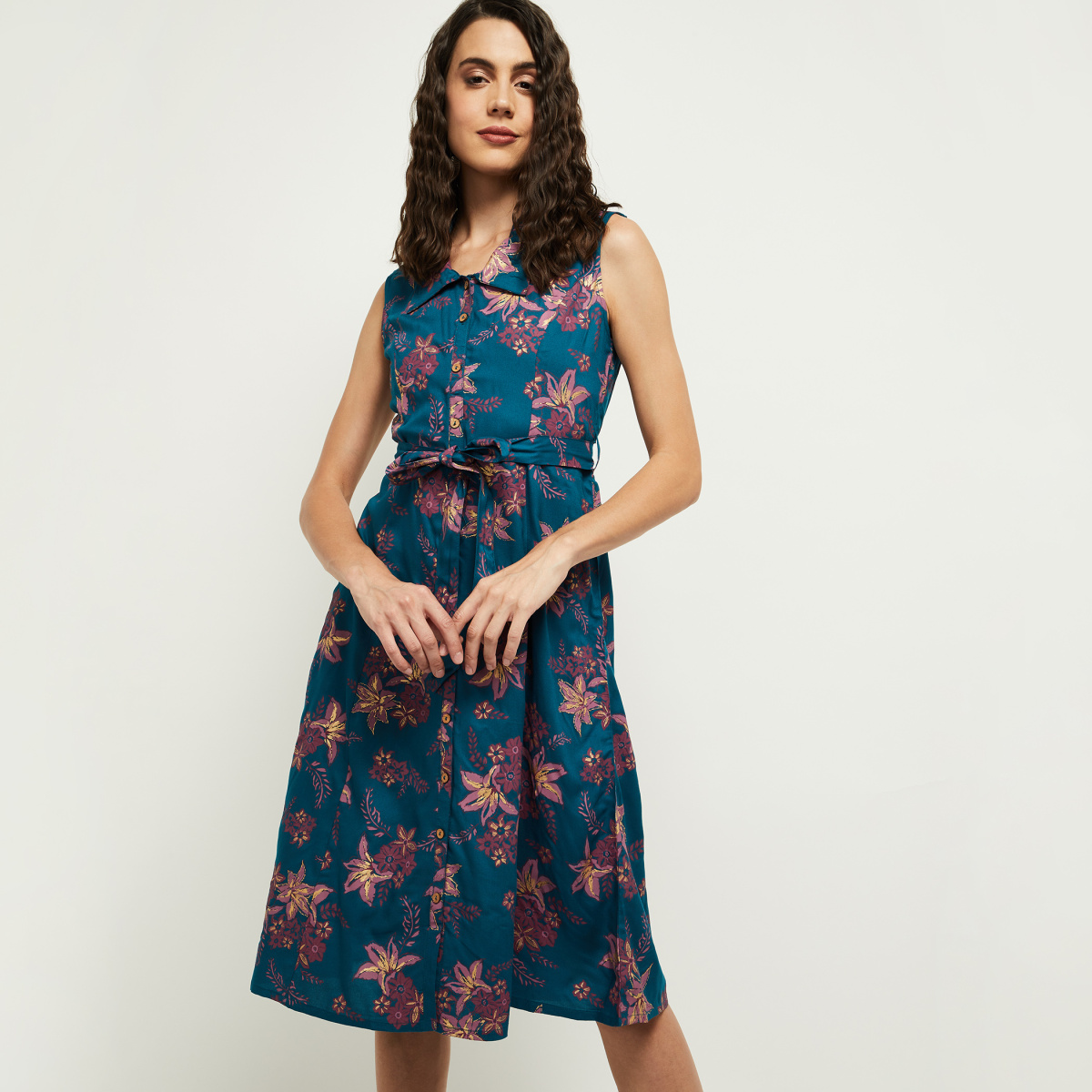 MAX Floral Printed Shirt Dress with Tie-Up Waist