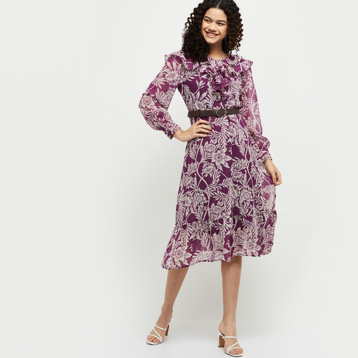 MAX Printed Full Sleeves A-Line Dress with Belt