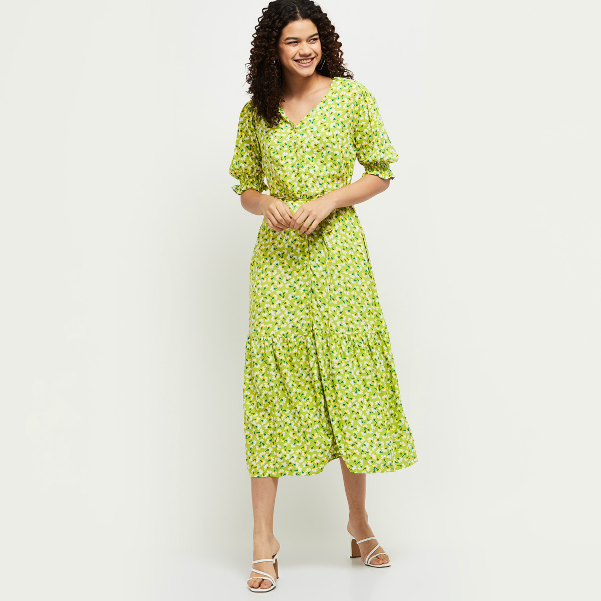 MAX Floral Printed Puffed Sleeves A-Line Dress